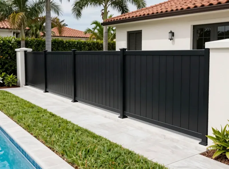 Finished black fence installation beside a Southwest Florida home